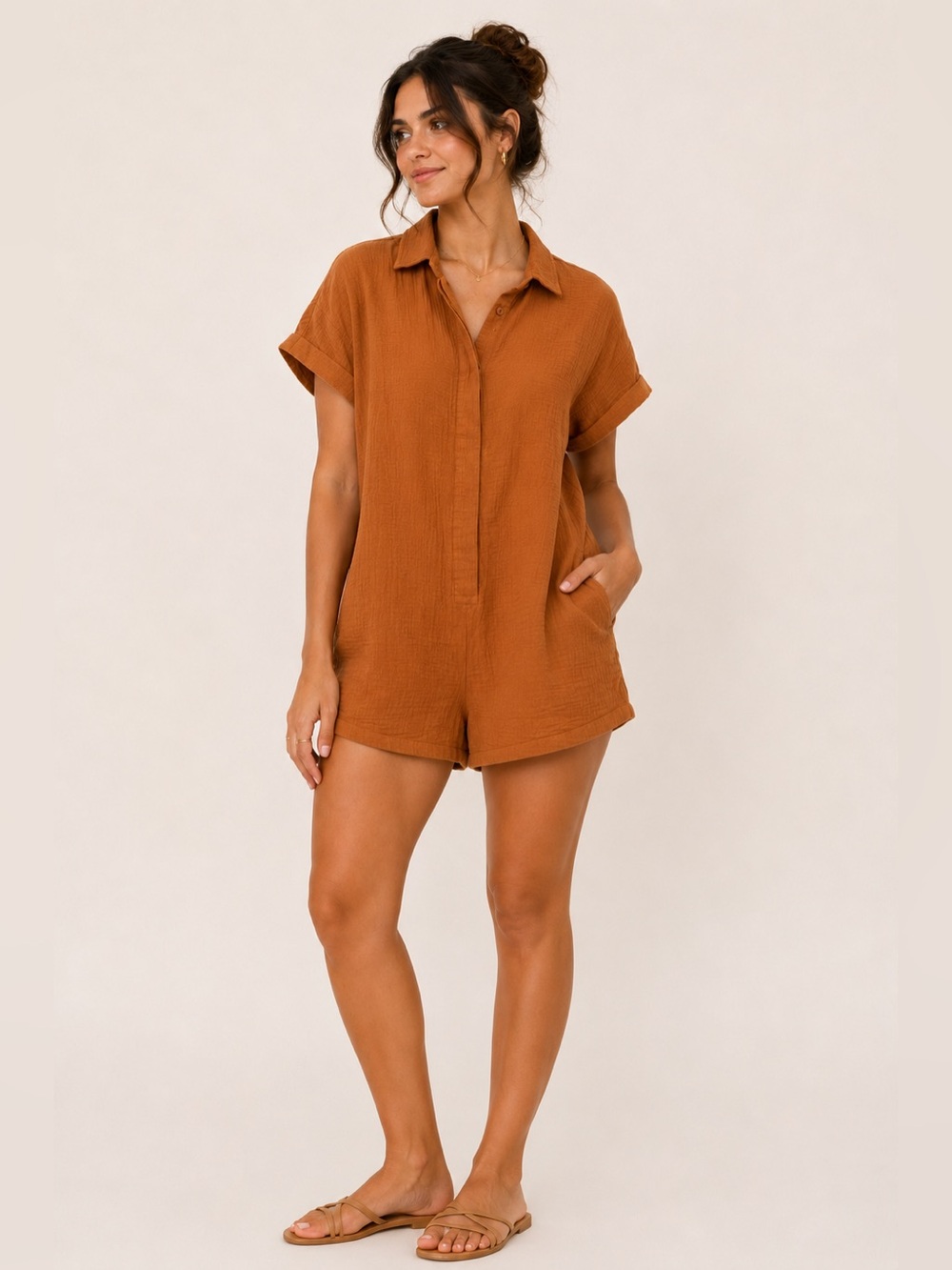 NWT Gauze 100% Cotton Romper Burnt Orange Collared Button Front Size Small